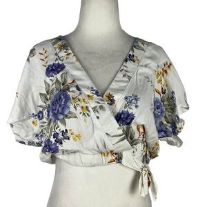 FOREVER 21 FLORAL WRAP V-NECK CINCHED BANDED CROP WAIST FLOWY SLEEVES‎ NWT